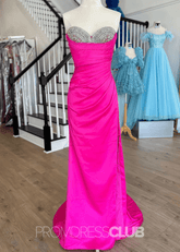 Evangeline |Long Silver Prom Dress Metallic With Mermaid Beaded Sweetheart Split - Fuchsia - PromDressClub